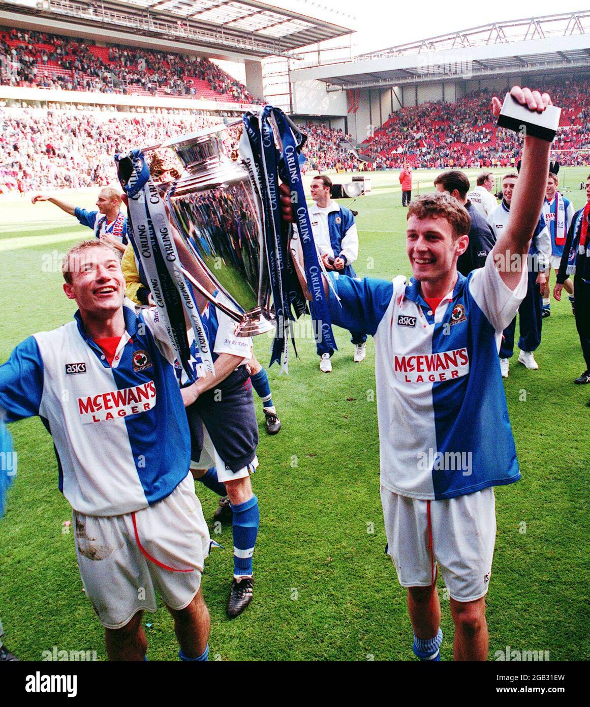 File photo dated 14-05-1995 of The Blackburn Rovers strike force of Alan Shearer (left) and Chris Sutton hoist the FA Crling Premiership trophy at Anfield, where they won the title despite losing 2-1 to Liverpool. Issue date: Monday August 2, 2021. Stock Photo