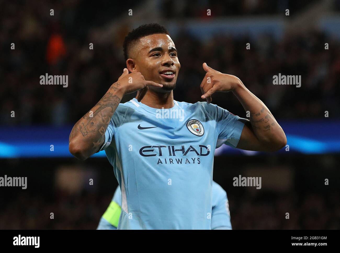 File Photo Dated 17 10 17 Of Manchester City S Gabriel Jesus Celebrates Scoring Issue Date Monday August 2 21 Stock Photo Alamy