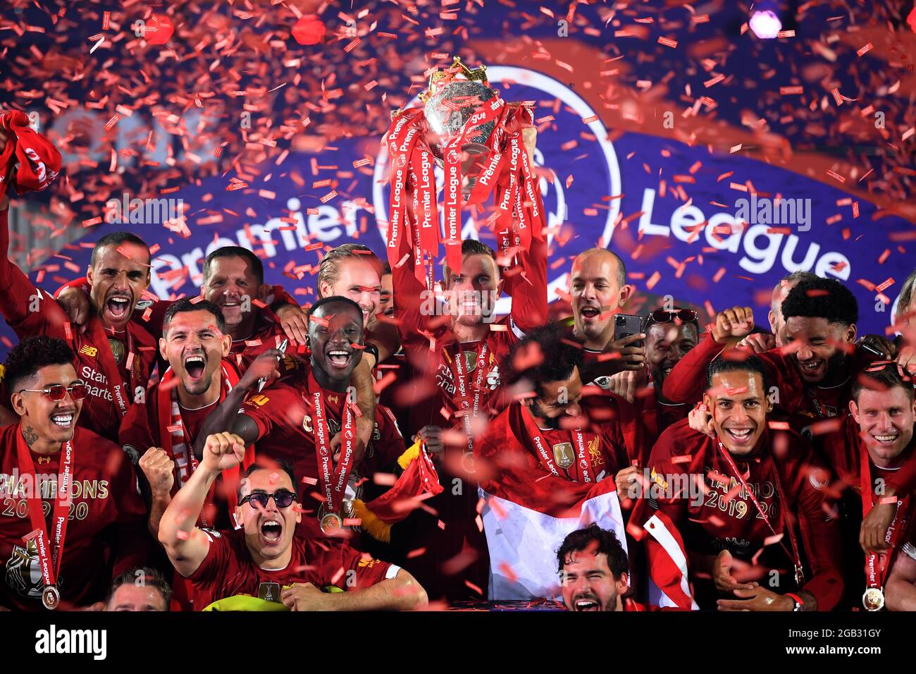 File photo dated 22-07-2020 of Liverpool captain Jordan Henderson (centre) and his team-mates celebrates with the Premier League trophy. Issue date: Monday August 2, 2021. Stock Photo