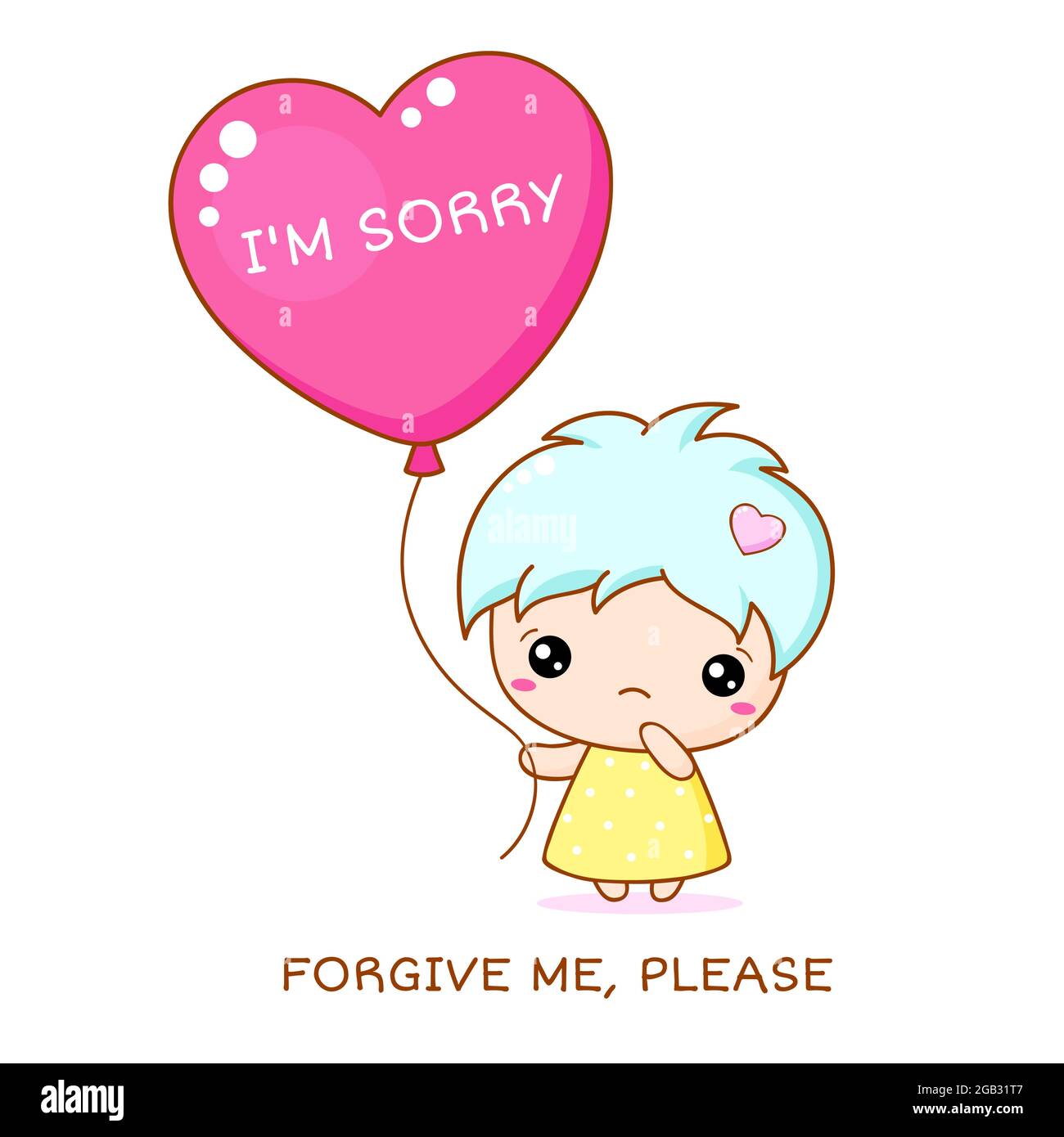 Apologize card. Sadness kawaii little girl with red heart shaped ...