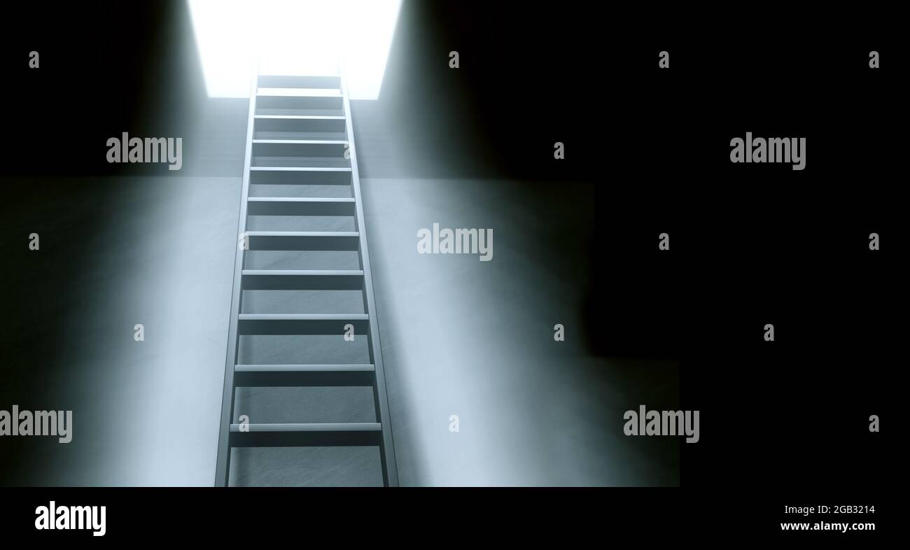 Hope and spirituality concept. Steps leading from a dark basement to open the door. Bright light visible through an open door. Mock up template. Copy Stock Photo