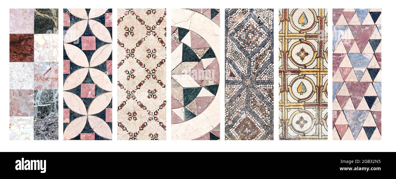 Collection of vertical banner with detail of ancient natural stone and marble tile mosaics Stock Photo
