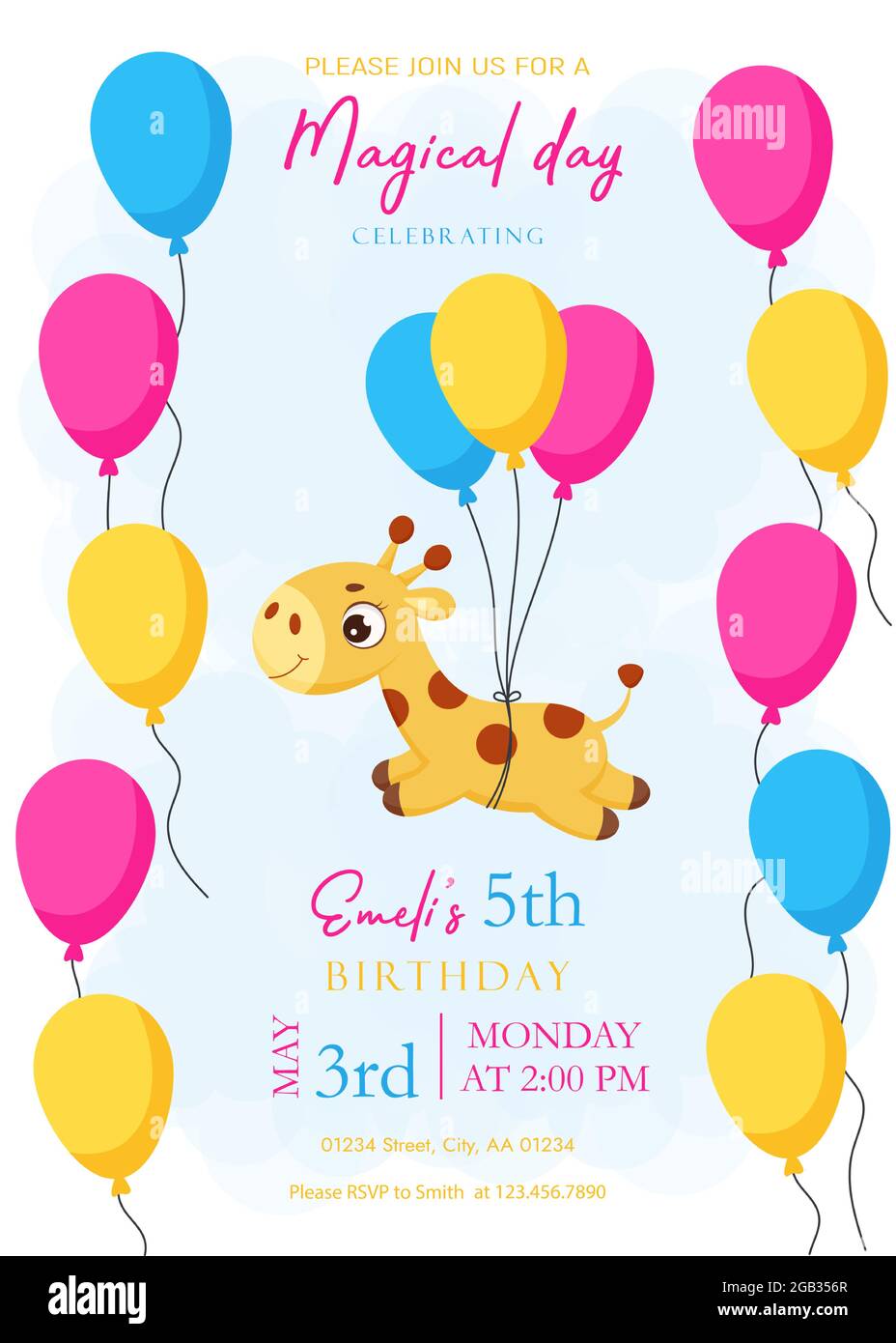Happy Birthday Printable Party Invitation Card Template Event Template With Cute Little Giraffe Flying On Balloons Bright Colored Stock Vector Illus Stock Vector Image Art Alamy