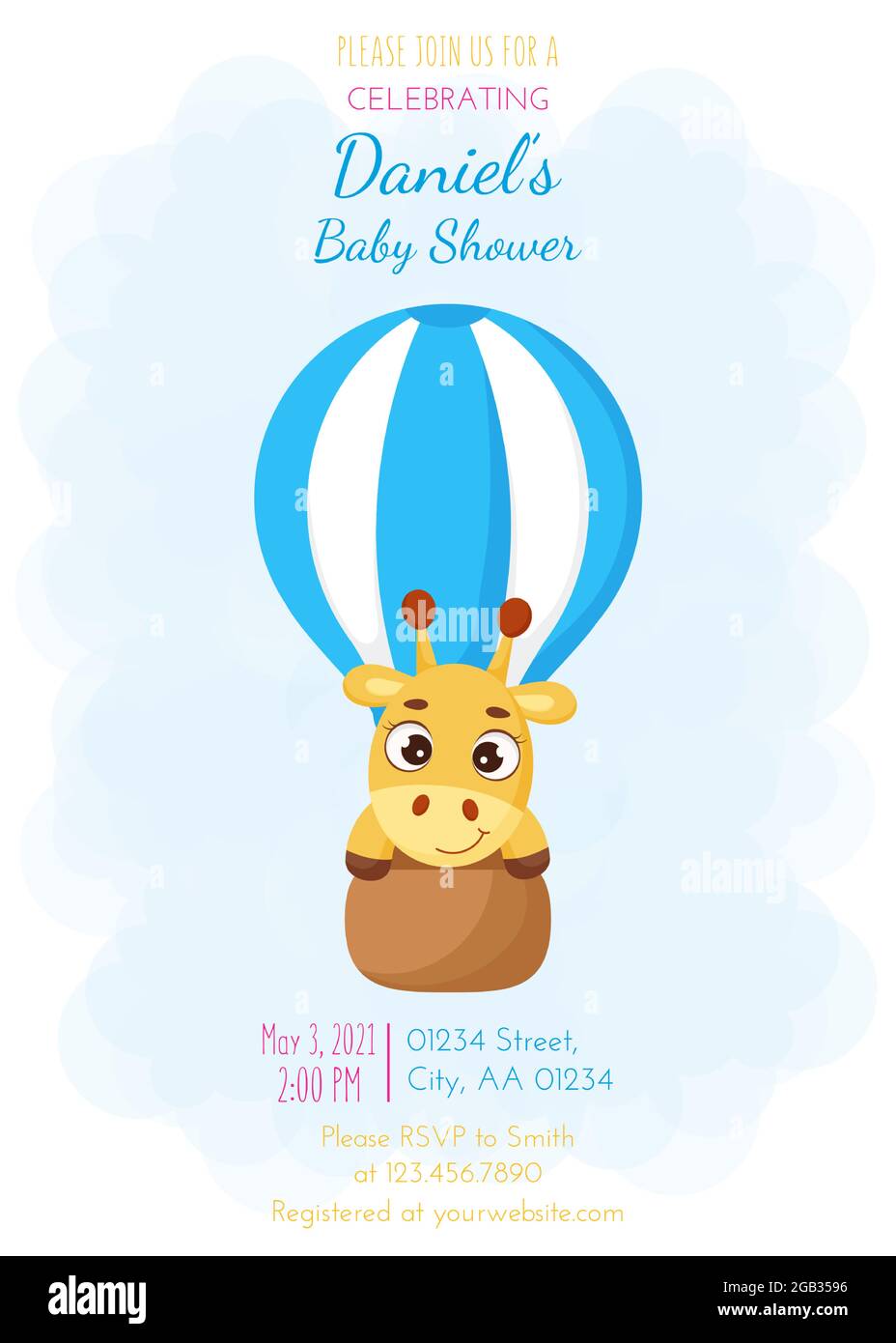 Baby Shower invitation card template with cute little giraffe flying on hot air balloon. Funny cartoon character. It's a boy. Bright colored childish Stock Vector Image & Art - Alamy Baby Shower invitation card template with cute little giraffe flying on hot air balloon. Funny cartoon character. It's a boy. Bright colored childish Stock Vector Image & Art - Alamy