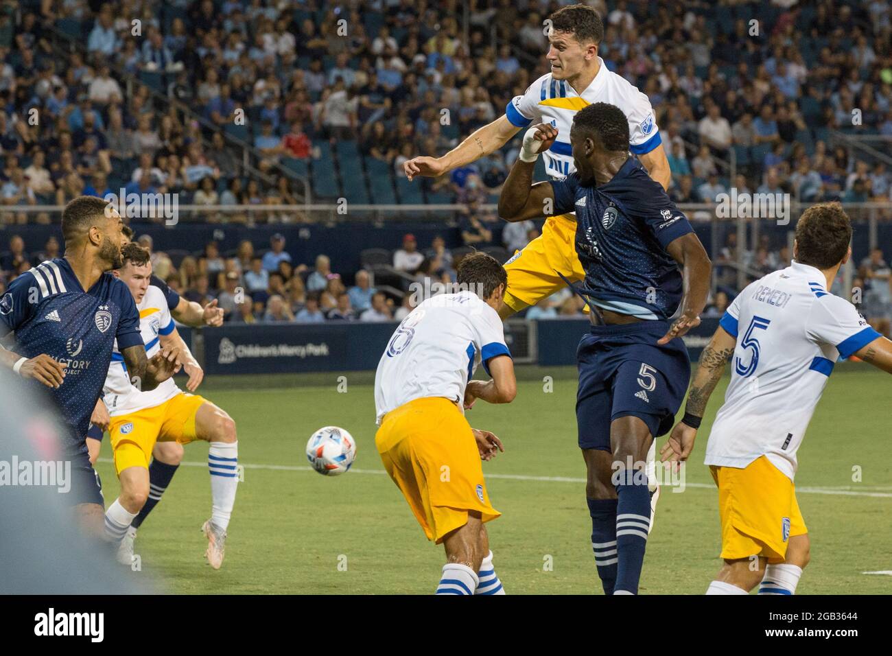 July 21, 2021: Defensive net action as San Jose Earthquakes defender Nathan [Nathan Raphael Pelae Cardoso] #13 (top-c) neutralizes Sporting KC's corner kick, passing possession to receiving defender Tanner Beason #15 (far-l) during the second half of the game. Other visible players at foreground, from l-r), are Sporting KC forward Khiry Shelton #11, San Jose Earthquakes forward Chris Wondolowski #8, Sporting KC defender Nicolas Isimat-Mirin #5, and San Jose Earthquakes midfielder Eric Remedi #5. (Credit Image: © Serena S.Y. Hsu/ZUMA Press Wire) Stock Photo