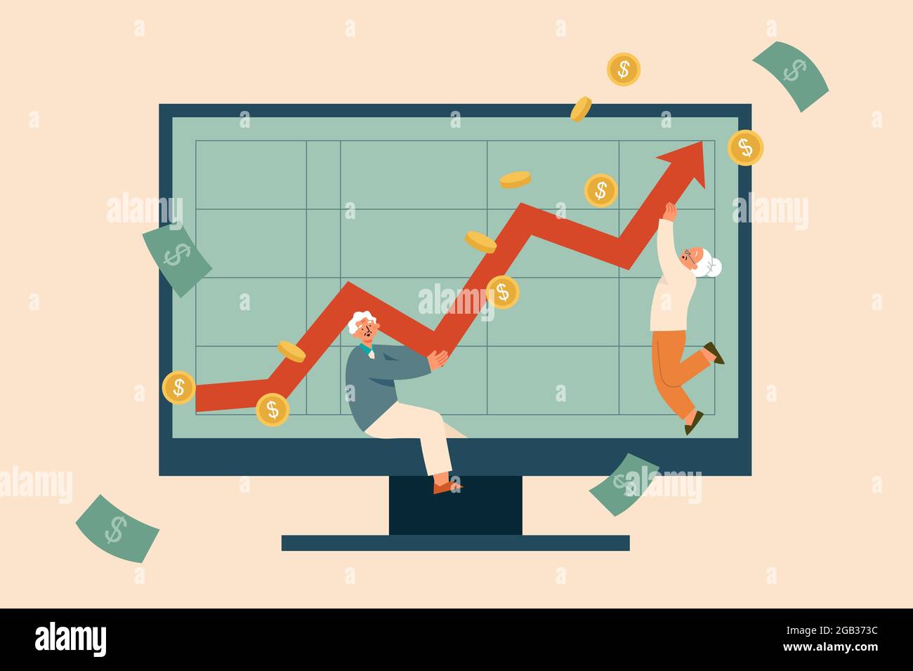Flat illustration of senior couple's financial growth displayed on computer monitor. Concept of return on investment, pension savings account growth Stock Vector