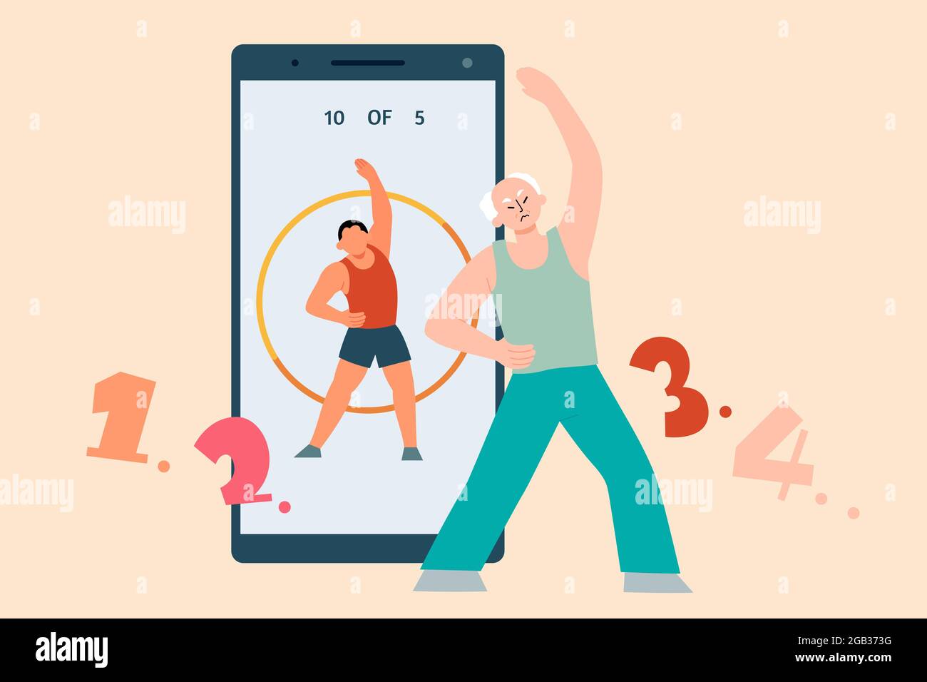 Flat illustration of senior man stretching in front of a large mobile ...