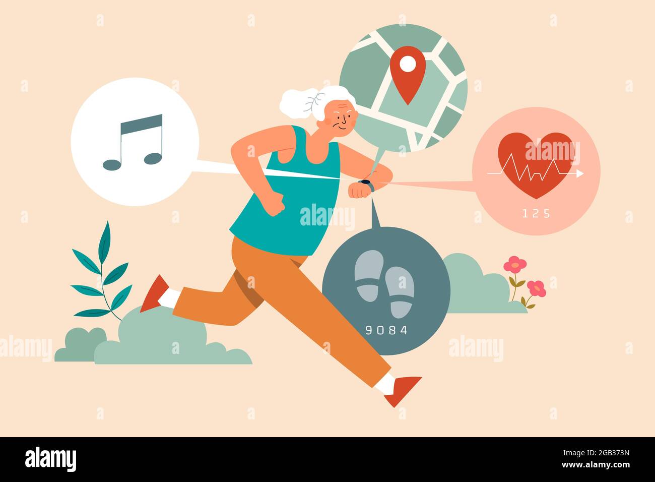 Flat illustration of a senior woman wearing a fitness tracker watch with pedometer, heart rate sensor, GPS, and music app while running outdoor Stock Vector