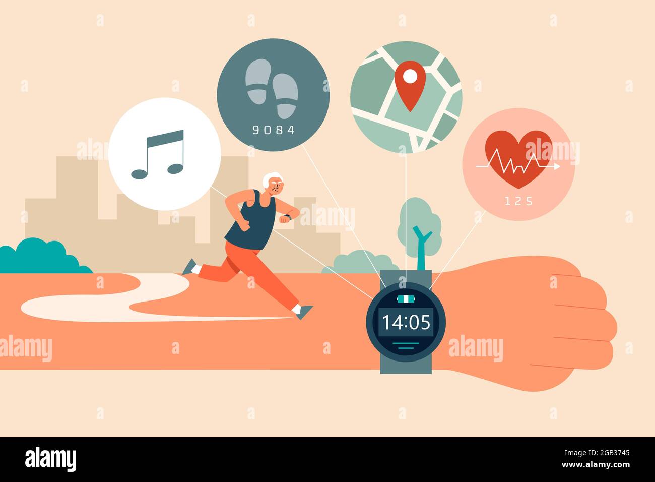 Flat illustration of a senior man wearing a fitness tracker watch with pedometer, heart rate sensor, GPS, and music app while running outdoor Stock Vector