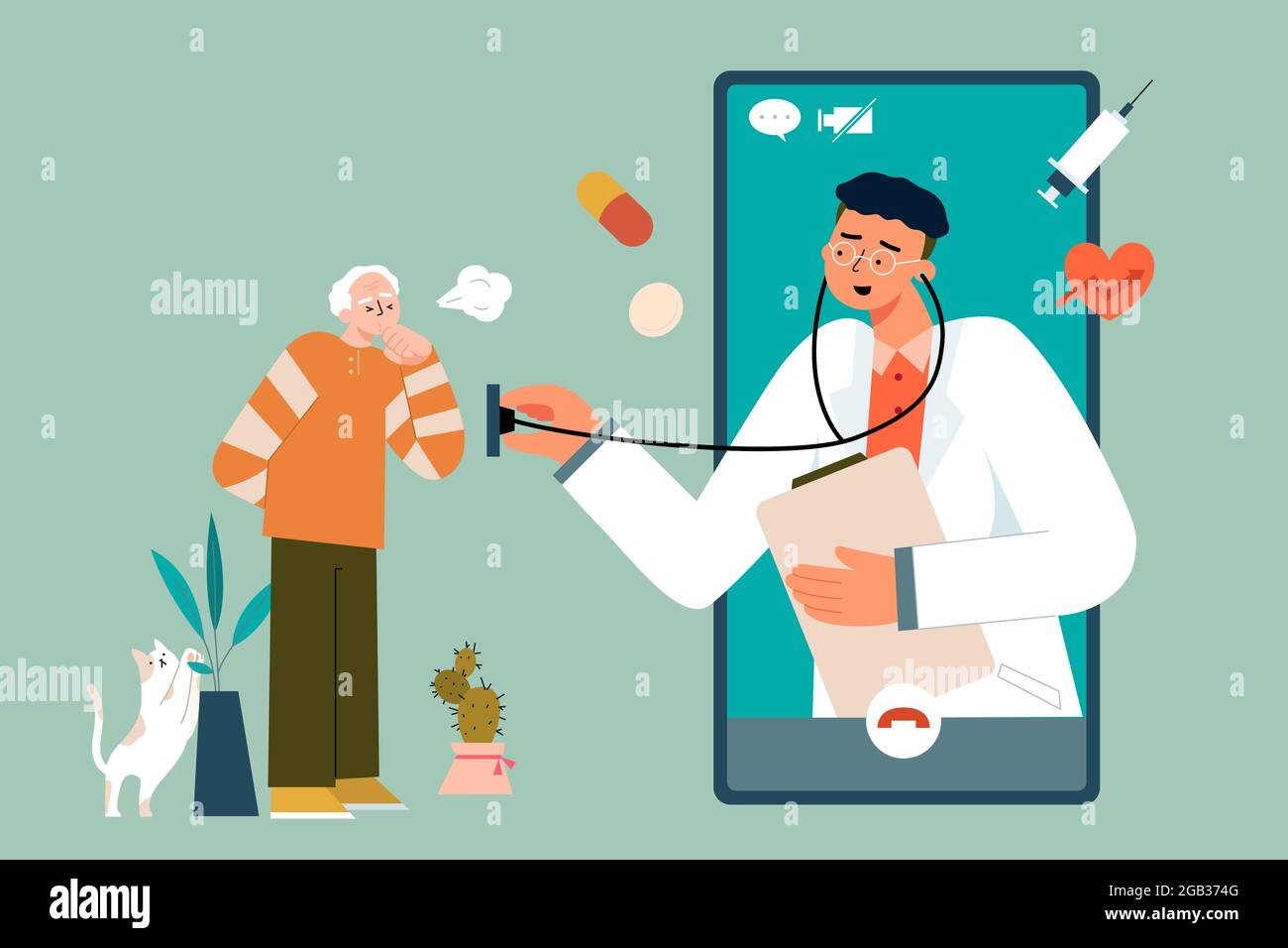 https://c8.alamy.com/comp/2GB374G/flat-illustration-of-doctor-examining-medical-condition-of-elderly-male-patient-via-video-call-concept-of-telemedicine-delivering-care-at-a-distance-2GB374G.jpg