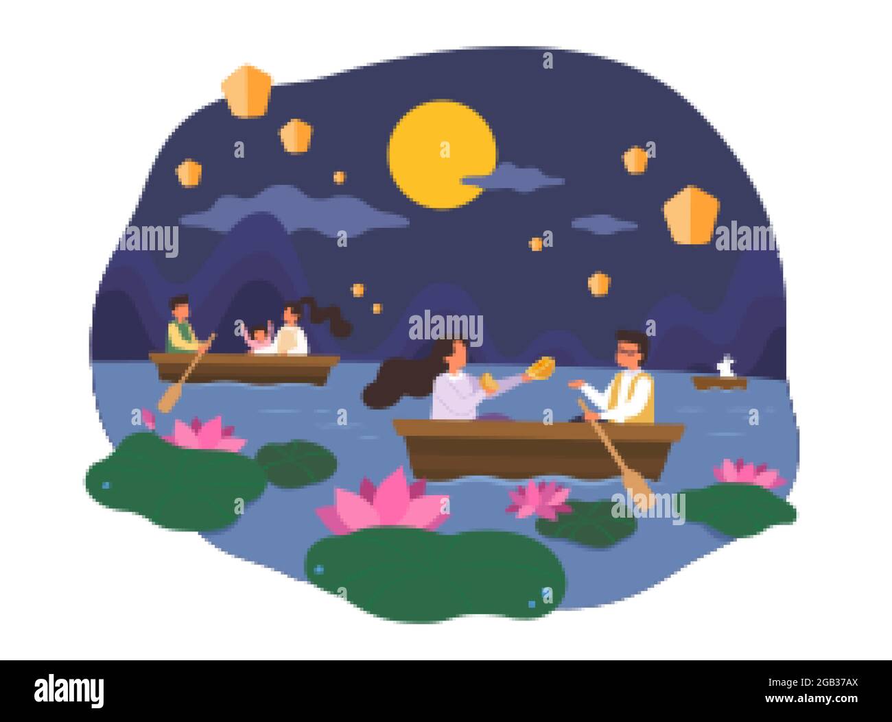 Mid autumn festival night. Flat illustration of people rowing boat on a calm lake at night with lanterns flying in sky Stock Vector