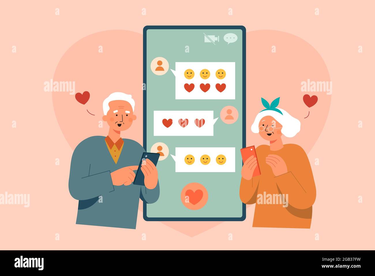 Flat style illustration of senior couple using sending loving message to each other with many emoticons Stock Vector