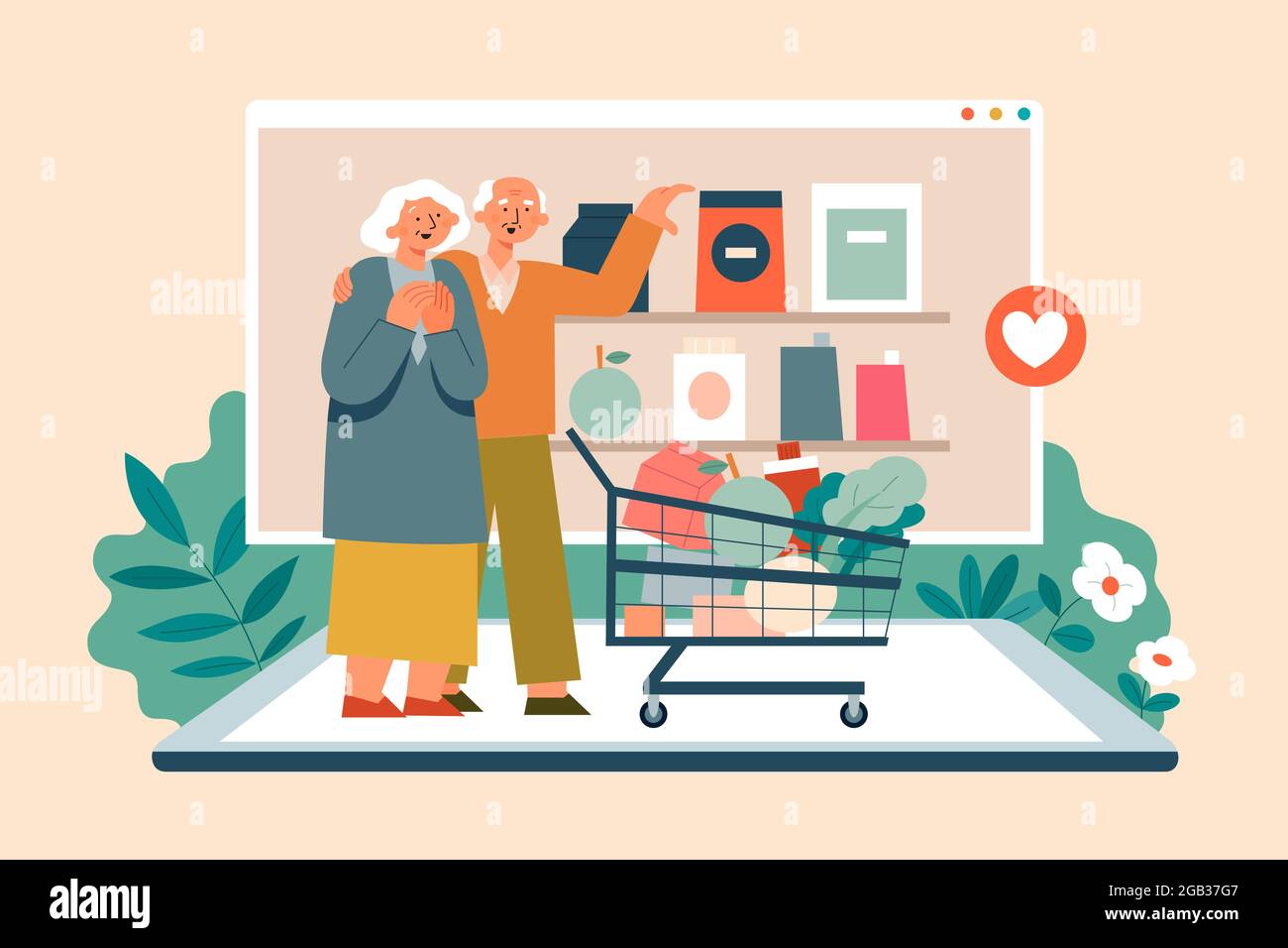 Flat illustration of elderly couple going groceries shopping on online supermarket via tablet computer Stock Vector