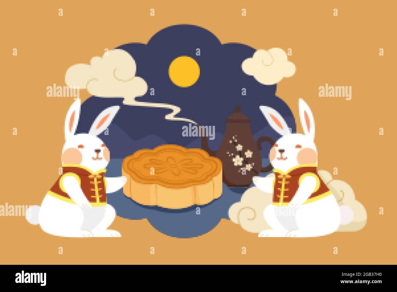 Moon rabbit on mid autumn festival. Flat illustration of two jade rabbits in Chinese costumes