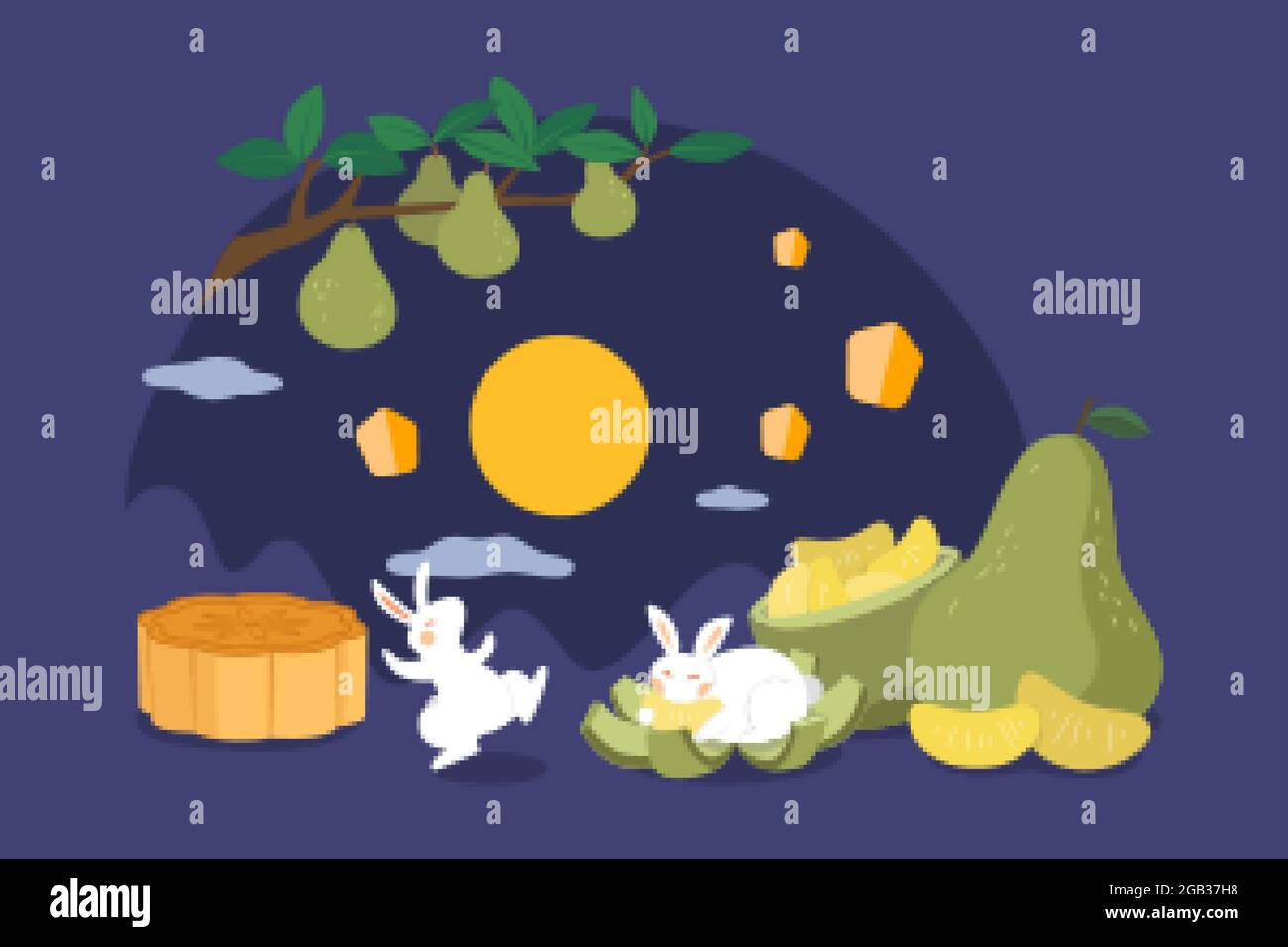 Mid autumn festival design. Flat illustration of moon rabbits dancing ...