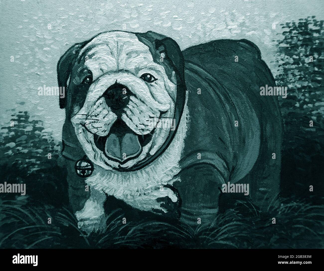 Hand drawn,Art ,painting ,Oil color, cute  bulldog in dark blue  , black and white , monochrome Stock Photo