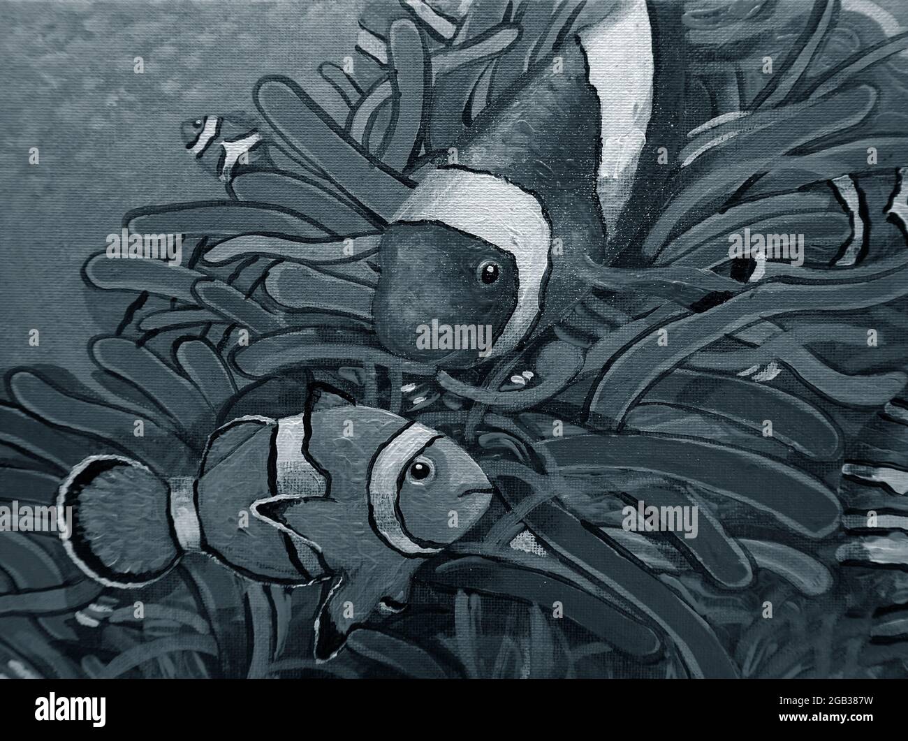 Oil painting of Fancy  Clown fish  pictures Auspiciousness in dark blue ,    black and white , monochrome Stock Photo