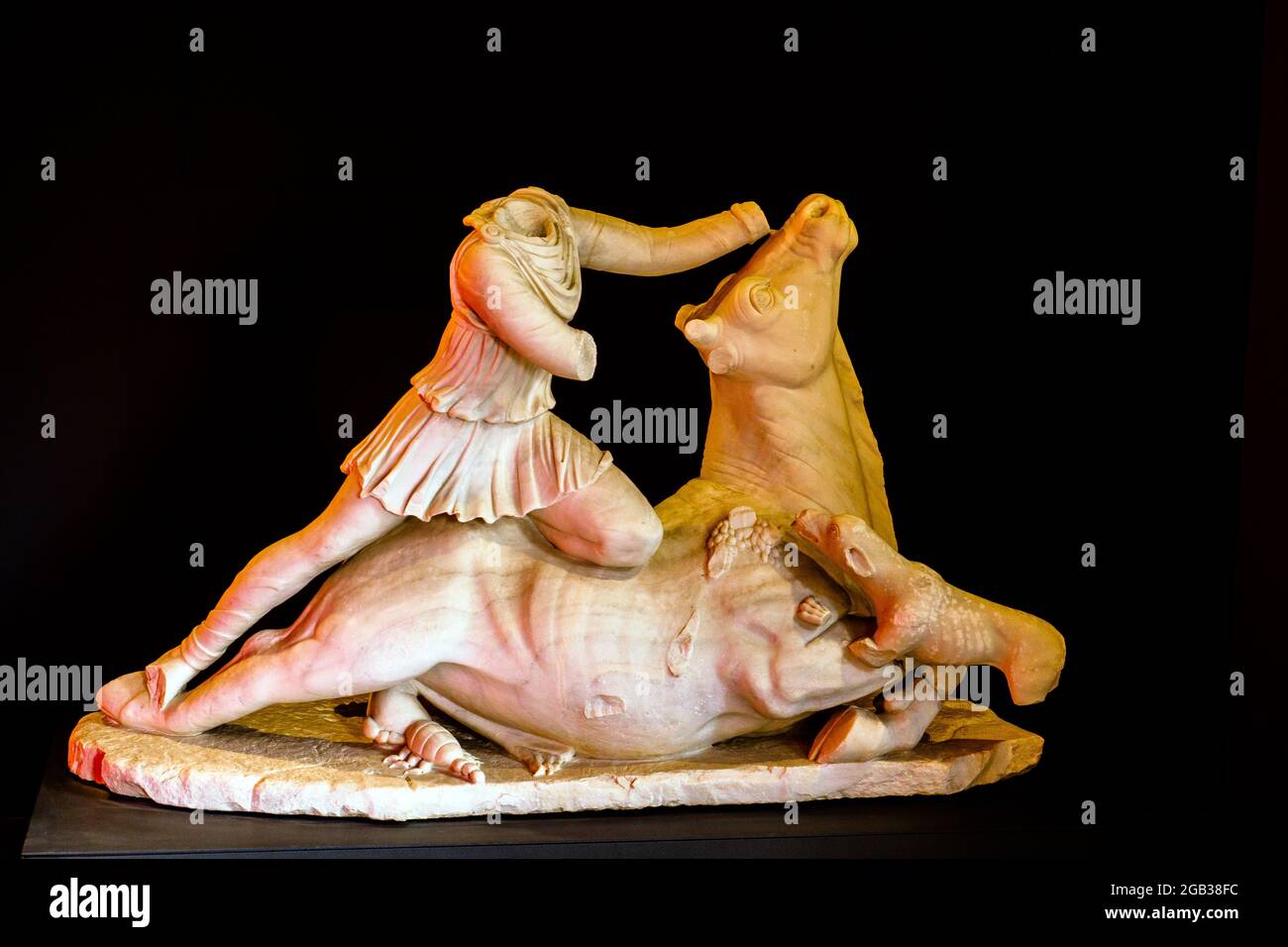 Marble group depicting Mithras killing the bull from the mithraeum of Tarquinia (AD 138-161) - Tarquinia National Archaeological Museum, Italy Stock Photo