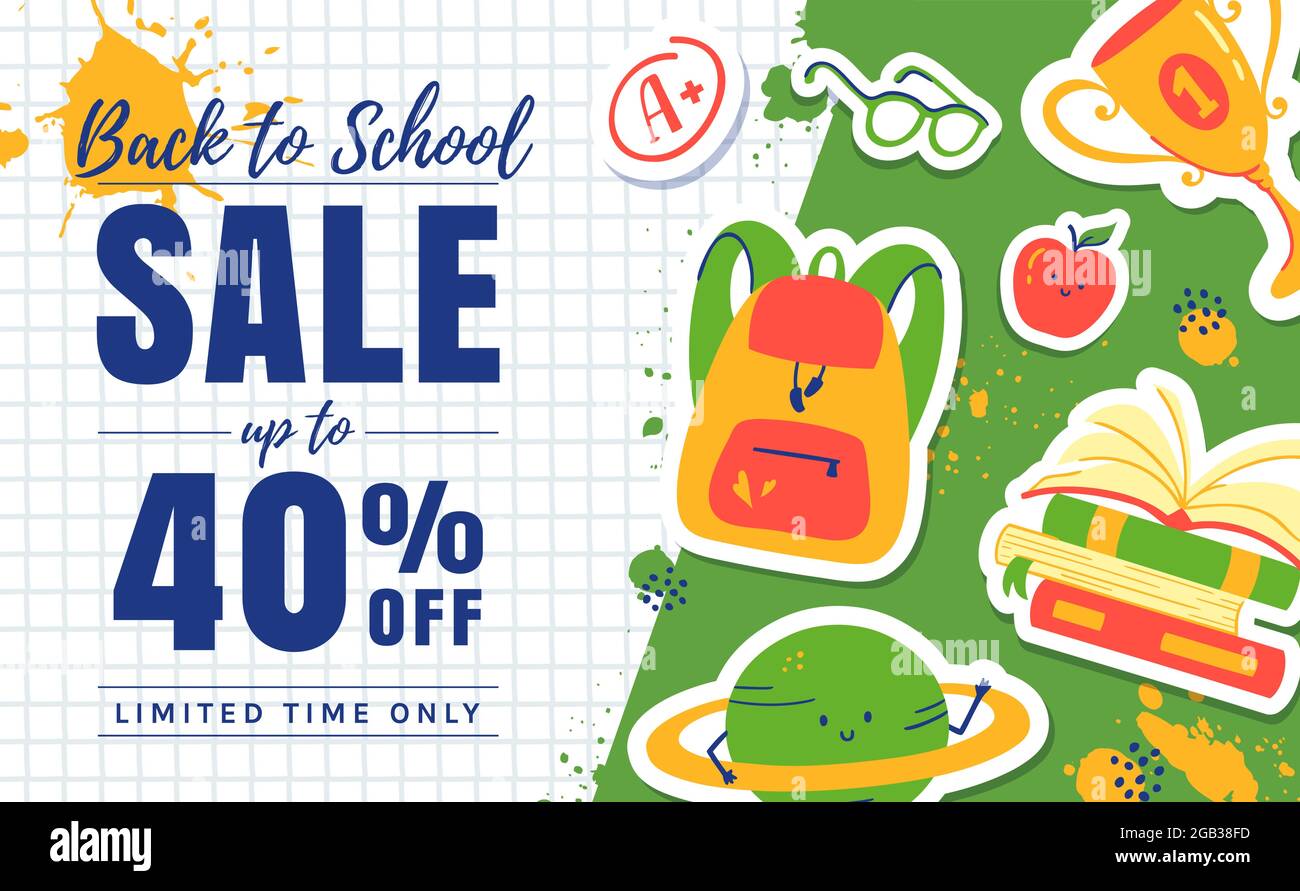 Back to school sale banner. Colorful promo template for school-themed discounts. Vector. Stock Vector
