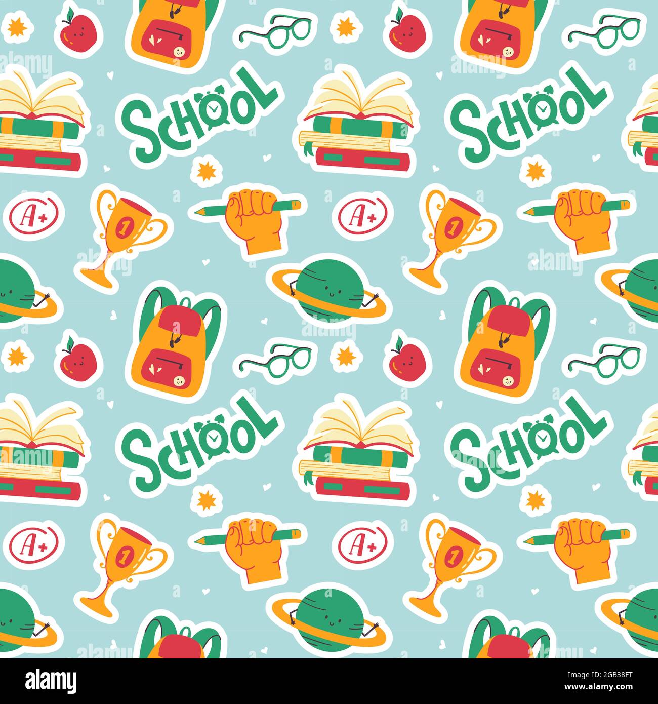 School seamless pattern with books, backpacks, planets, apples, glasses and hand letterings. Funny vector background. Stock Vector