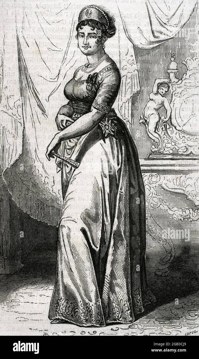 Maria Luisa of Spain (1782-1824). Infanta of Spain, Queen Consort and Regent of Etruria (1801-1807) and Duchess of Lucca (1815-1824). Portrait. Engraving by Capuz. Historia General de España by Father Mariana. Madrid, 1853. Author: Tomas Carlos Capuz (1834-1899). Spanish engraver and xylograph. Stock Photo