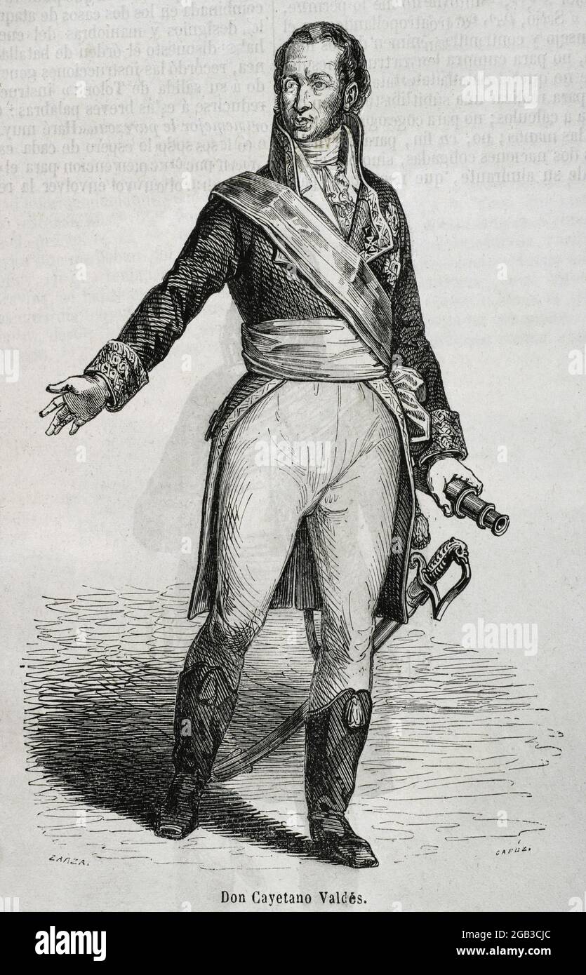 Cayetano Valdés y Flórez (1767-1835). Spanish military and sailor. Captain General of the Spanish Navy. He fought in the Peninsular War and the Napoleonic Wars. Minister of War during the reign of Ferdinand VII. Illustration by Zarza. Engraving by Capuz. Historia General de España by Father Mariana. Madrid, 1853. Author: Eusebio Zarza (1842-1881). Spanish artist. Tomás Carlos Capuz (1834-1899). Spanish engraver and xylograph. Stock Photo