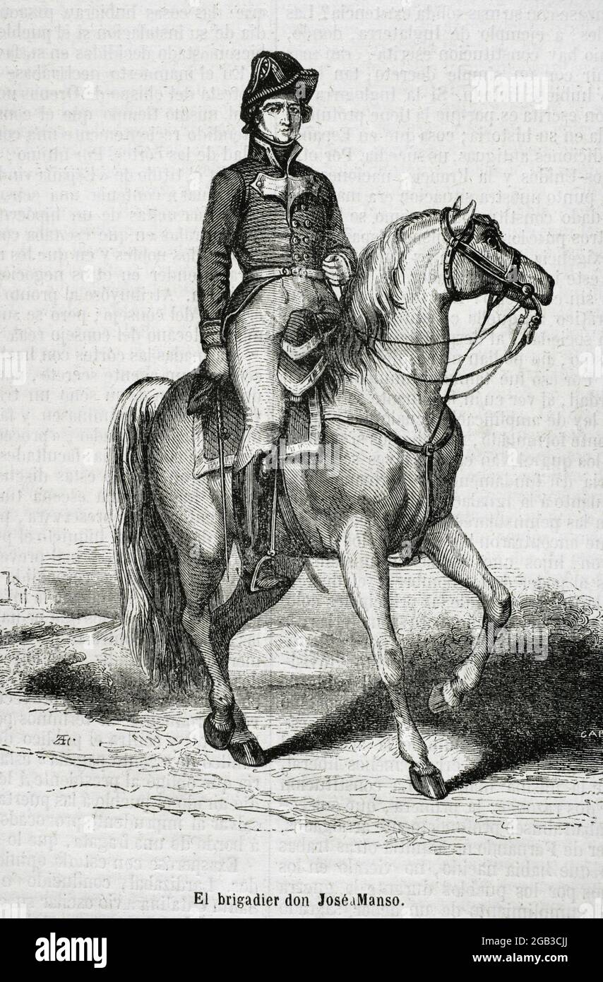 José Manso y Solá (1785-1863). Spanish military who served in the armies of Ferdinand VII and Isabella II, taking part in the Peninsular War (1808-1814) and the First Carlist War (1833-1840). Portrait. Engraving by Capuz. Historia General de España by Father Mariana. Madrid, 1853. Author: Tomas Carlos Capuz (1834-1899). Spanish engraver and xylograph. Stock Photo