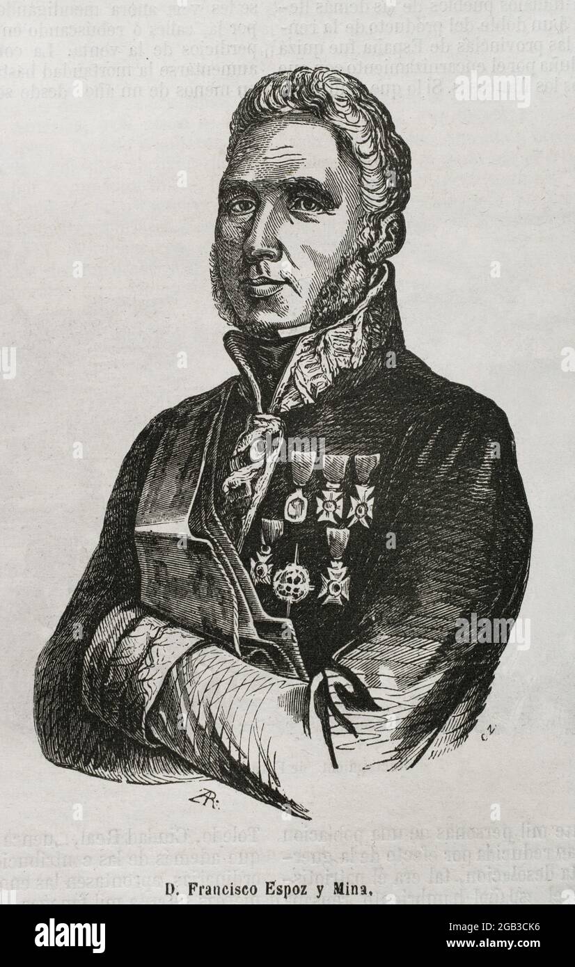 Francisco Espoz y Mina (1781-1836). Spanish military. Leader of the guerrillas of Navarre during the Spanish War of Independence (1808-1814). He fought on the Isabeline army in the First Carlist War (1833-1840), being the most responsible for the fight in the north of Spain against the Carlists. Portrait. Engraving. Historia General de España by Father Mariana. Madrid, 1853. Stock Photo