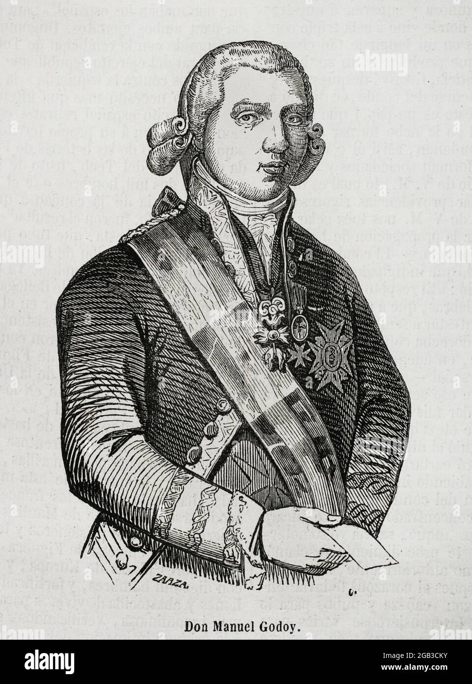 Manuel de Godoy y Alvarez de Faria (1767-1851). Spanish politician. First Secretary of State of Spain from 1792 to 1797. 'Prince of Peace' and favourite of Charles IV and Queen Maria Luisa. Illustration by Zarza. Portrait. Engraving. Historia General de España by Father Mariana. Madrid, 1853. Author: Eusebio Zarza (1842-1881). Spanish artist. Stock Photo