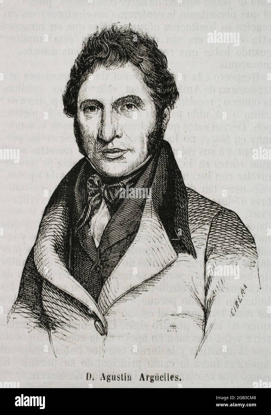 Agustín José Argüelles Alvarez (1776-1844). Known as 'El Divino'. Spanish liberal politician, diplomat, minister and president of the Congress of Deputies in 1841. He was tutor to Queen Isabella II. Portrait. Engraving by Cibera. Historia General de España by Father Mariana. Madrid, 1853. Author: Ildefonso Cibera. Spanish illustrator and xylographer of the second half of the 19th century. Stock Photo