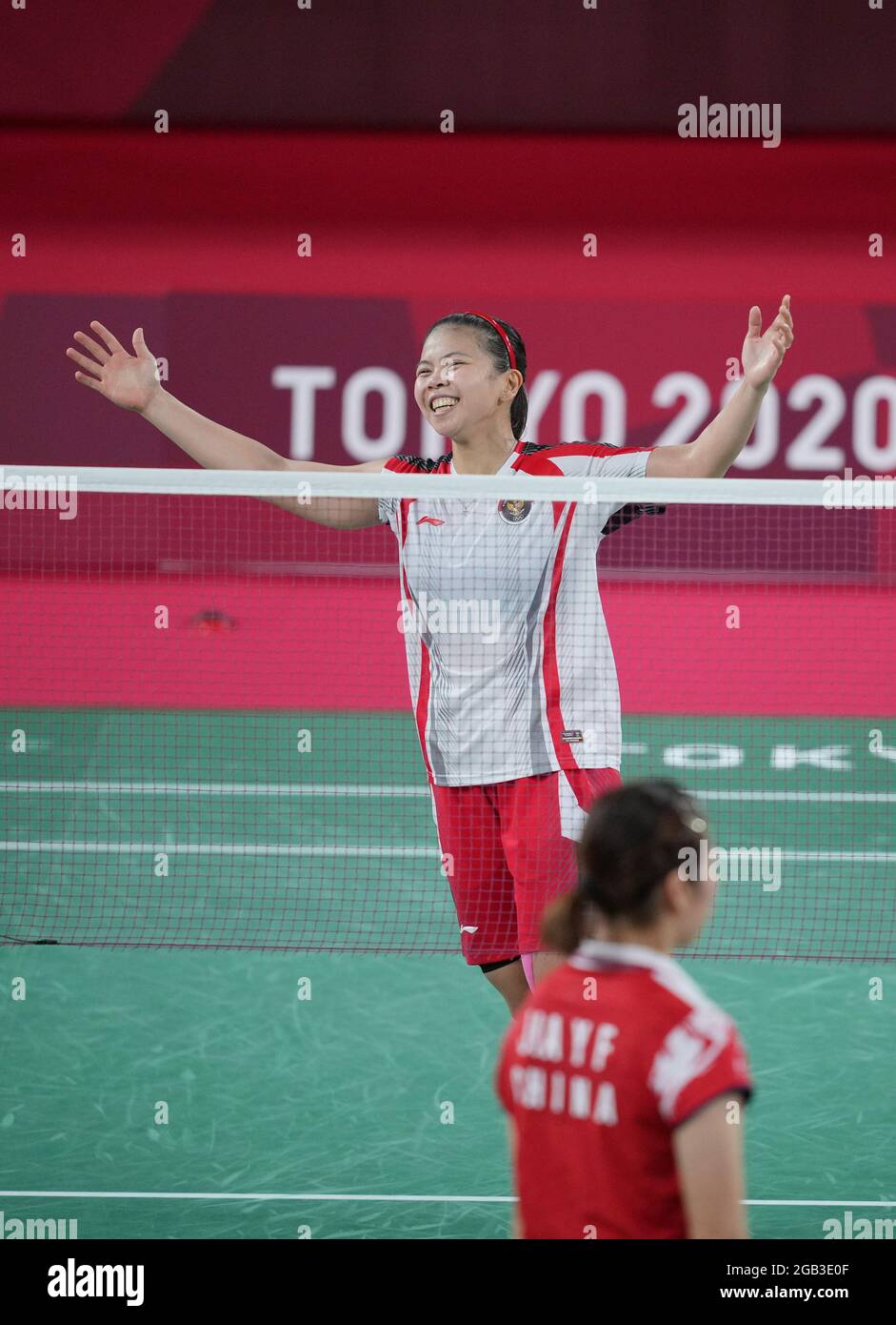 Tokyo, Japan. 2nd Aug, 2021. Greysia Polii of Indonesia celebrates during  the badminton women's doubles gold medal match between Chen Qingchen/Jia  Yifan of China and Greysia Polii/Apriyani Rahayu of Indonesia at the