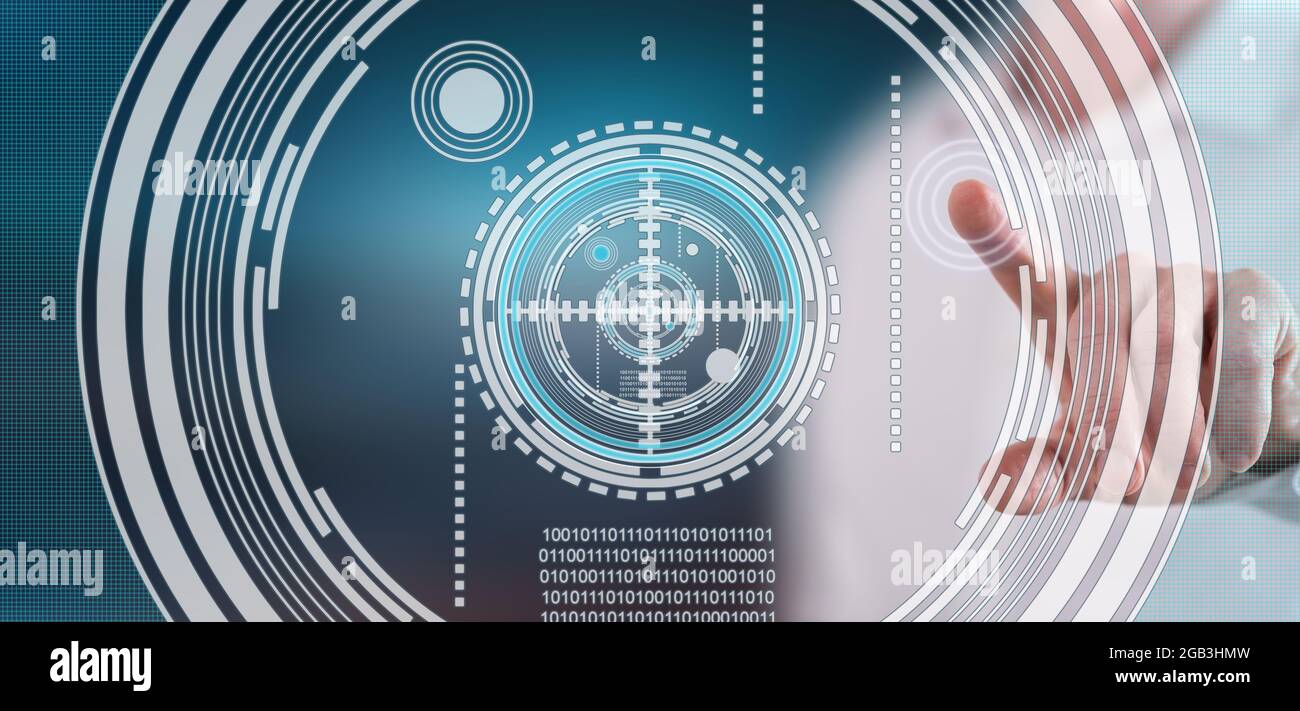 Man touching a virtual technology concept on a touch screen with his ...
