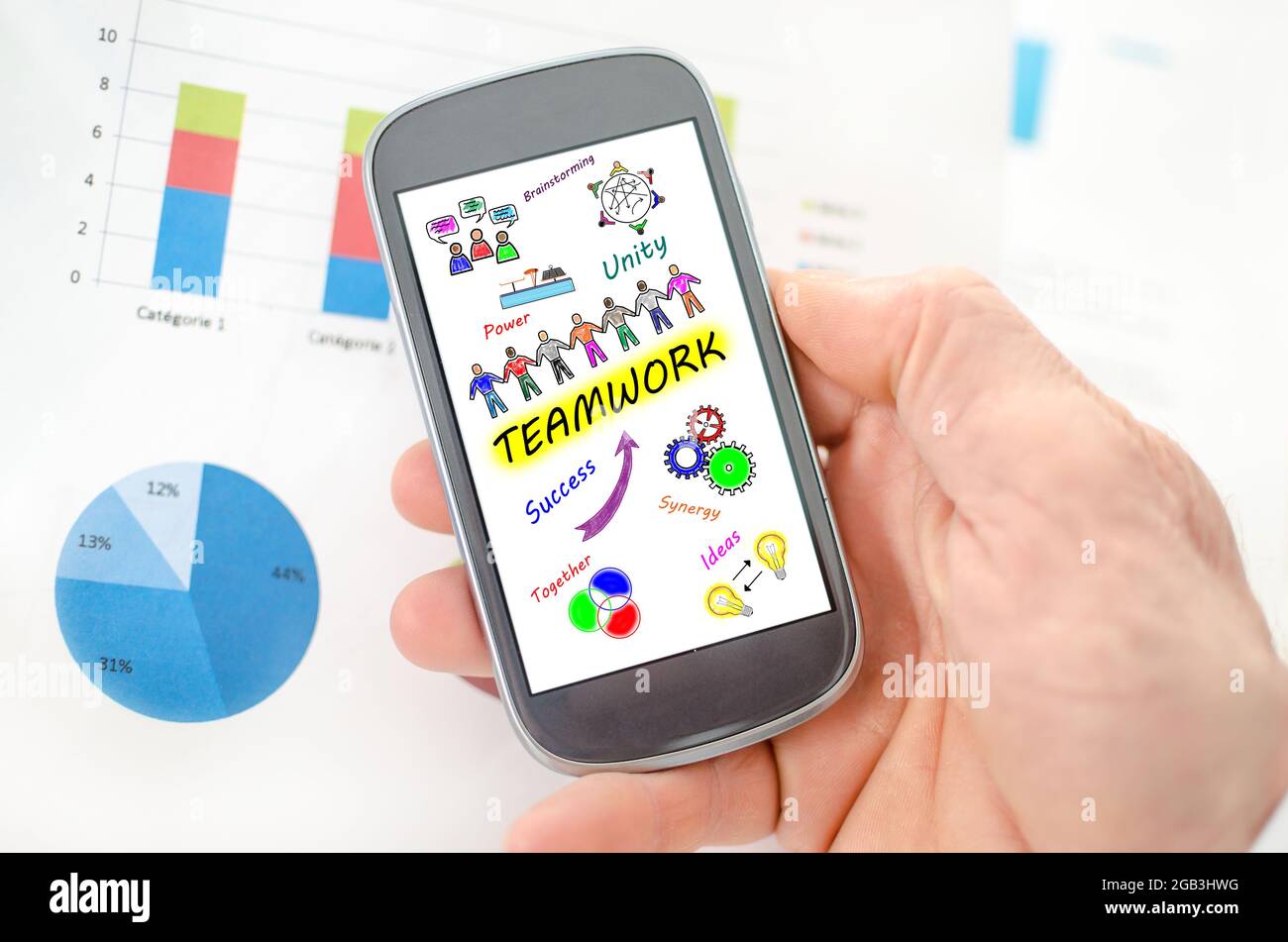 Teamwork concept on a smartphone held by a hand Stock Photo - Alamy