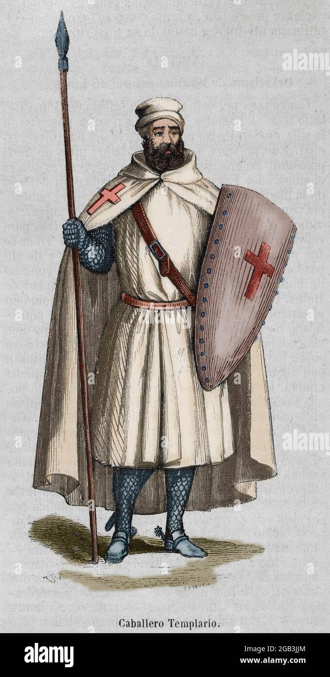 Catholic military monastic order of the Temple. Knight Templar. Engraving by Coderch. Later colouration. Historia General de España by Father Mariana. Madrid, 1852. Stock Photo