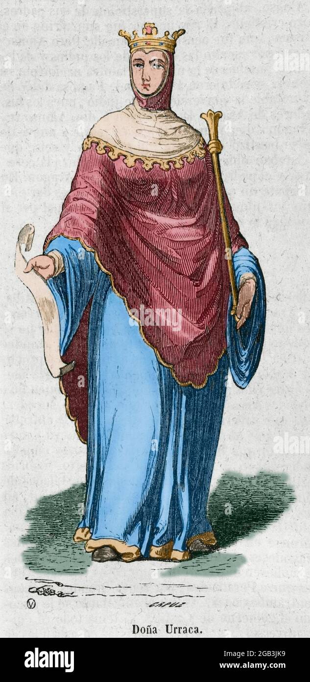 Urraca of Leon (1081-1126) called the Reckless. Queen of Leon, Castile and Galicia Empress (1109-1126). Engraving by Capuz. Later colouration. Historia General España by Father Mariana. Madrid, 1852. Stock Photo