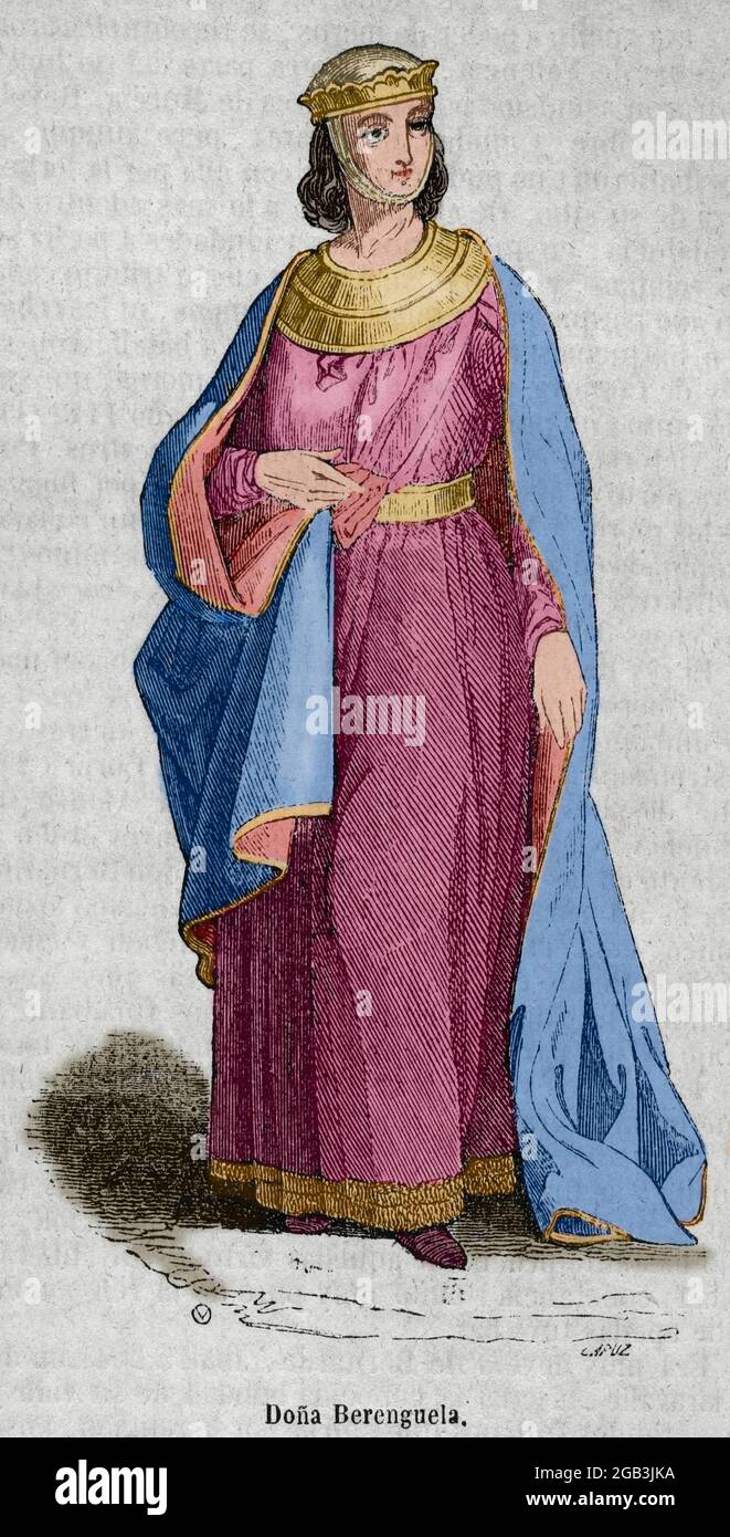 Berengaria (1180-1246). Queen of Castile and Queen consort of Leon. Portrait. Engraving by Capuz. Later colouration. Historia General España by Father Mariana. Madrid, 1852. Stock Photo