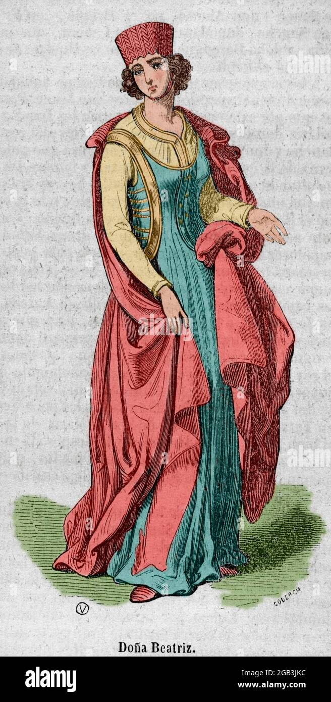 Elisabeth of Swabia or Beatrice of Swabia (1205-1235). Member of the House of Hohenstaufen. Queen consort of Castile and Leon by marriage to Ferdinand III. Engraving by Coderch. Later colouration. Historia General de España by Padre Mariana. Madrid, 1852. Stock Photo
