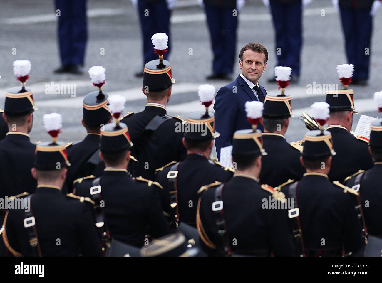 (210802) -- BEIJING, Aug. 2, 2021 (Xinhua) -- French President Emmanuel Macron attends the annual Bastille Day military parade in Paris, France, July 14, 2021. (Xinhua/Gao Jing) Stock Photo