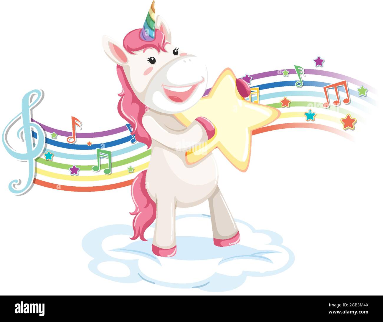 Cute unicorn standing on the cloud with melody symbols on rainbow ...