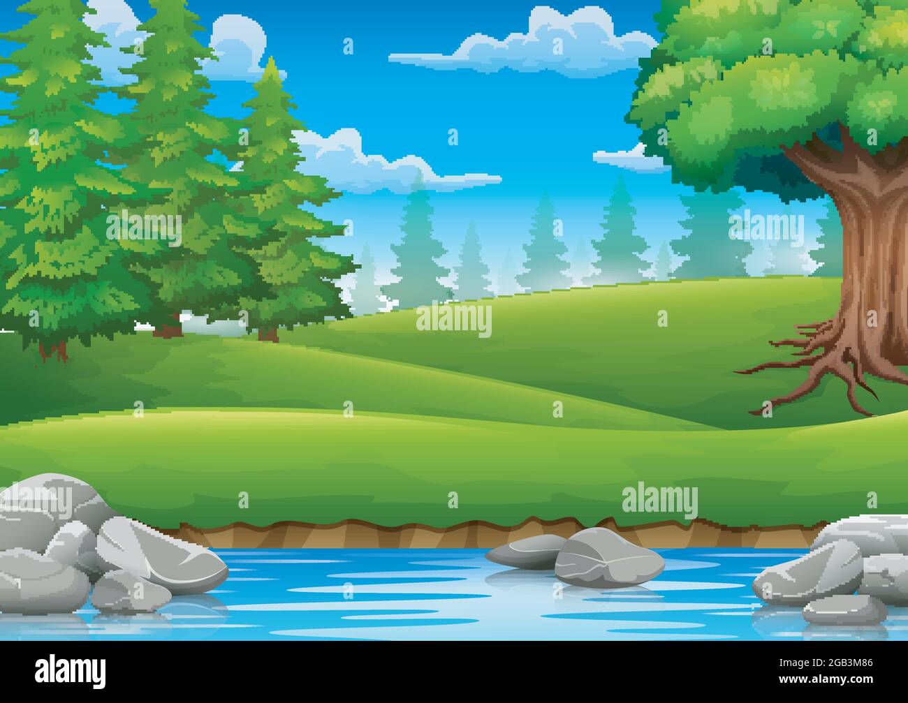 Forest scene with many trees and river illustration Stock Vector Image ...