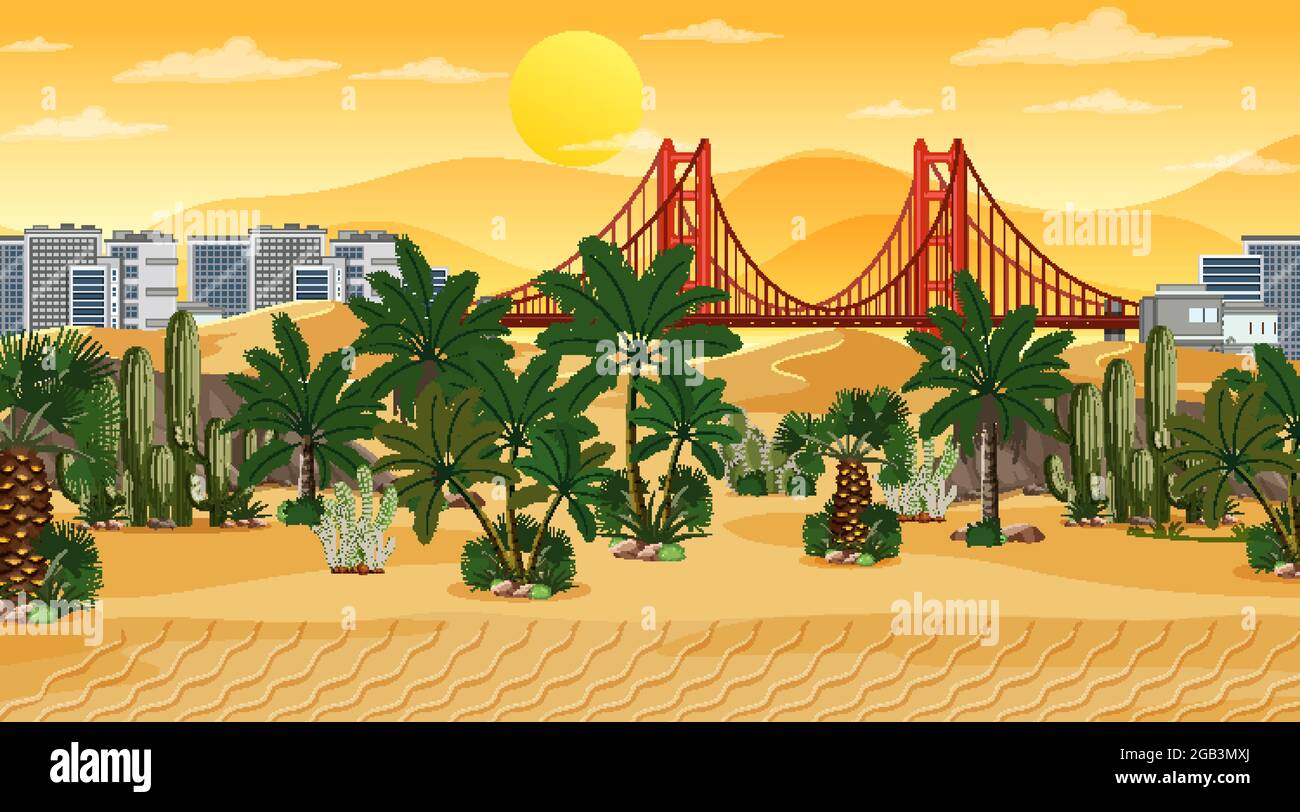 Desert forest landscape at sunset scene with cityscape background ...