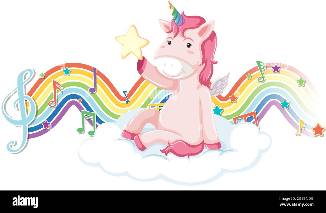 Unicorn sitting on the cloud with melody symbols on rainbow wave ...