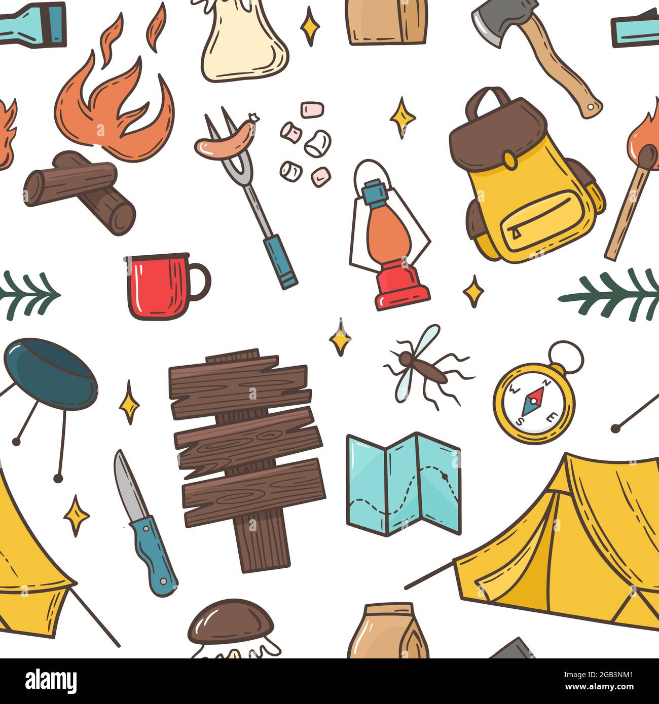 Camping and hiking elements seamless pattern. Vector illustration in ...