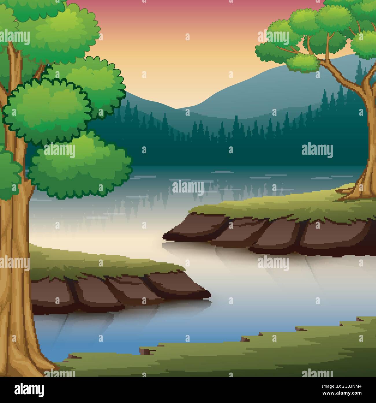Forest scene with many trees and river illustration Stock Vector Image ...