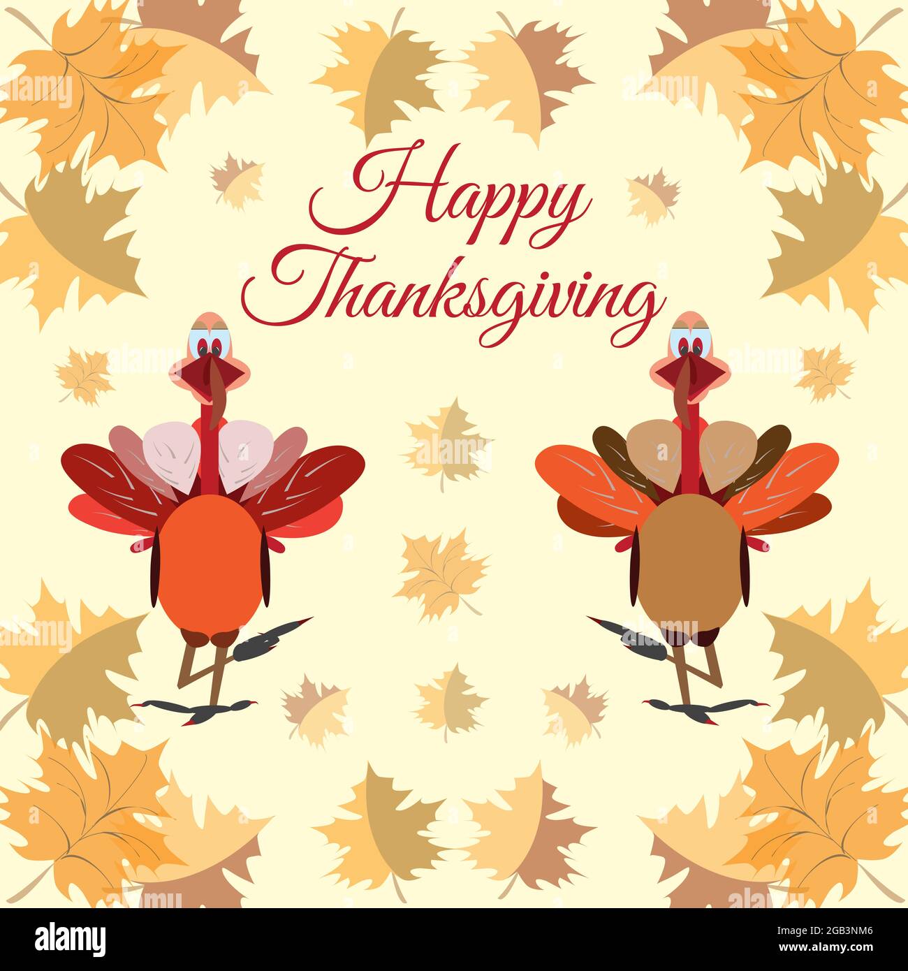 Cute Thanksgiving turkeys, maple leaves, vector illustration. Stock Vector