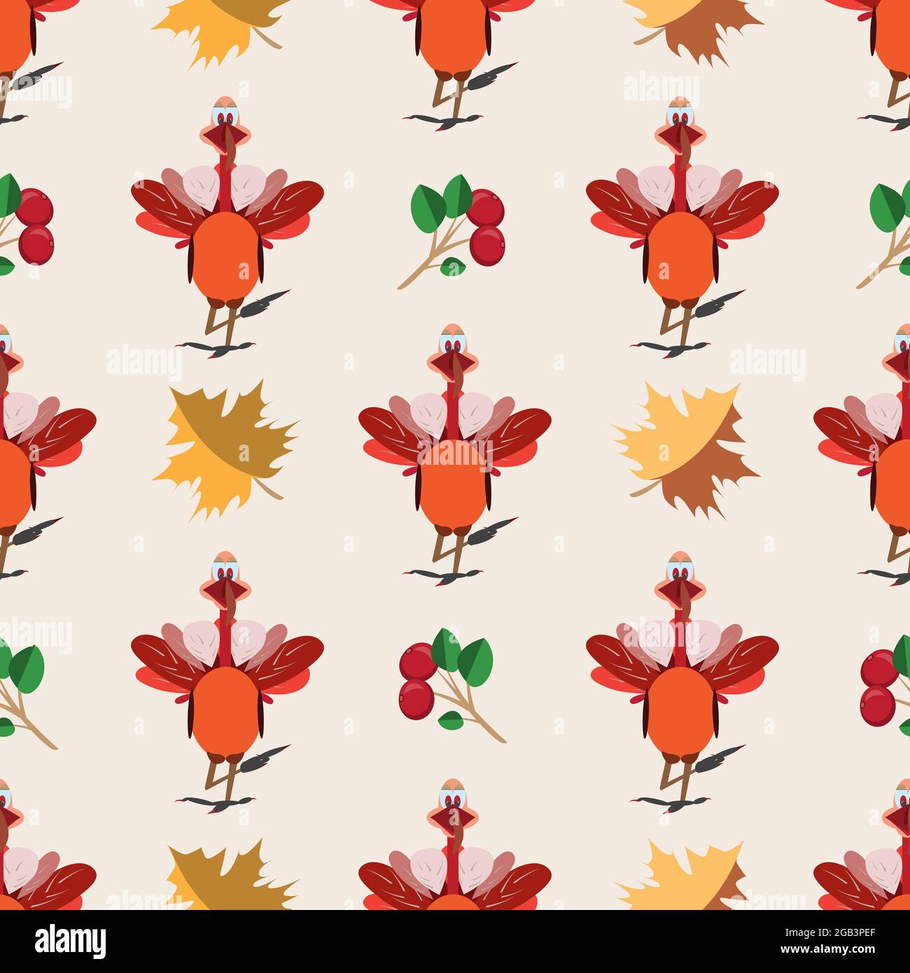 Vector seamless pattern with Thanksgiving turkeys, cranberries, maple leaves. Stock Vector