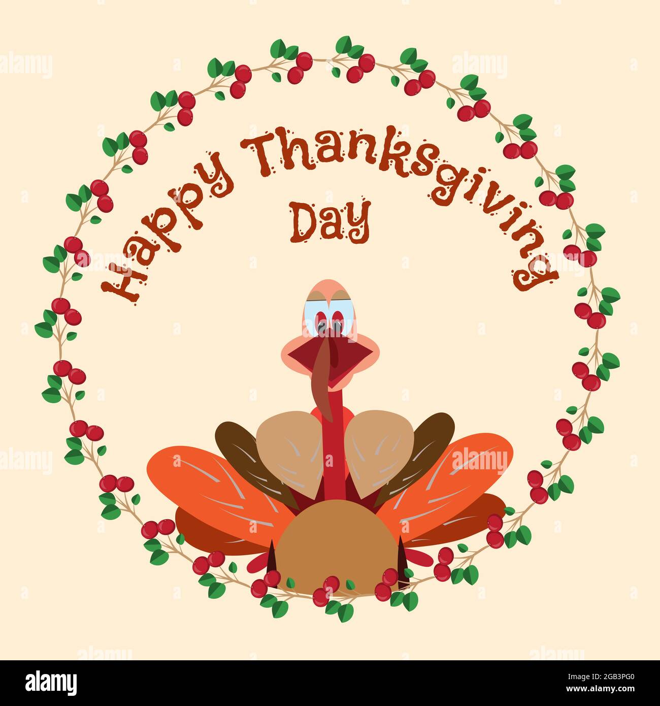 Cute Thanksgiving turkeys, cranberries, vector illustration. Stock Vector