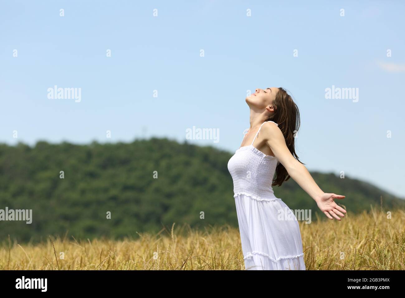 Profile of a woman breathing fresh air in a wheat field on summer Stock Photo