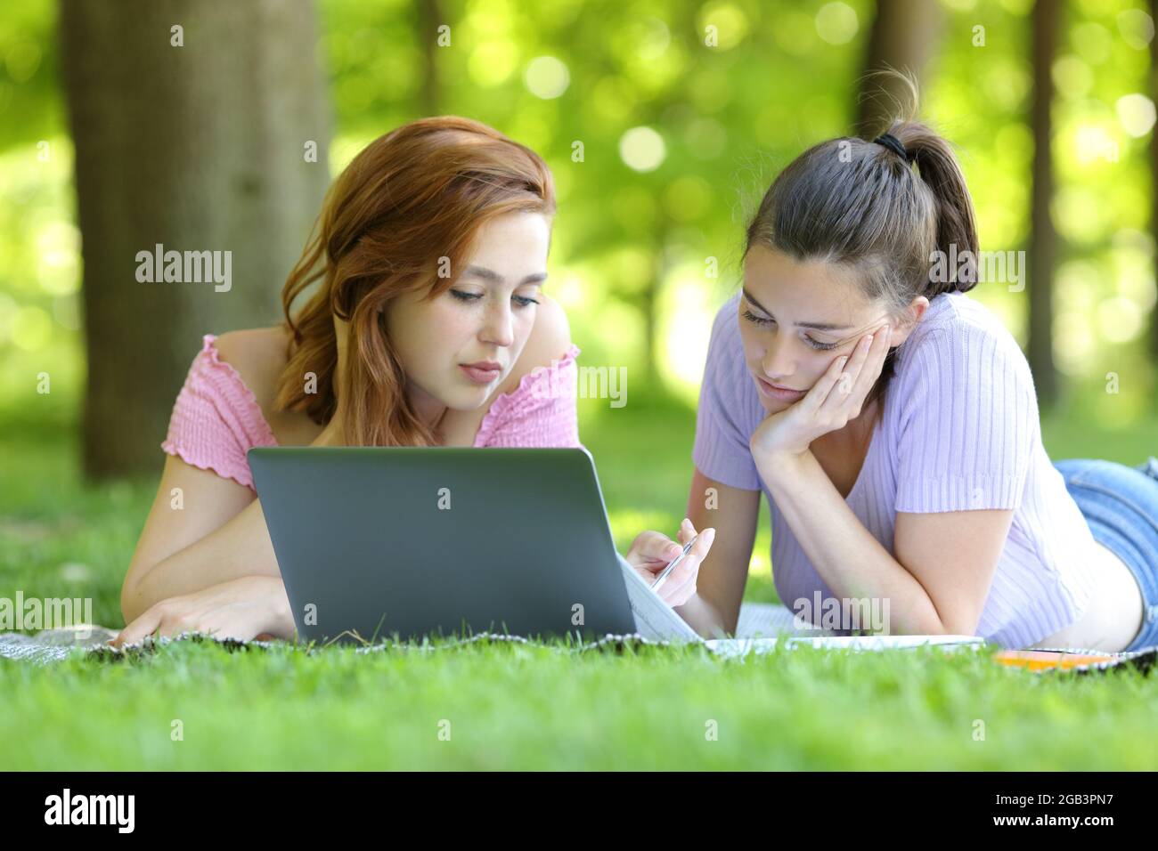Two concentrated students e-learning with laptop and notes lying on the grass in a campus Stock Photo