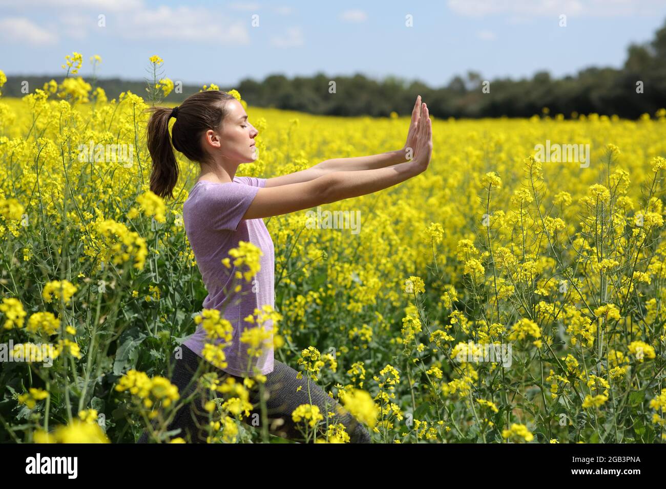 Profile of a woman doing tai chi exercise standing in a yellow field Stock Photo